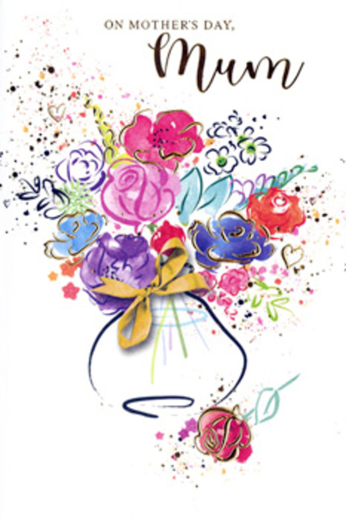 On this illustrated Mother's Day card, the bouquet appears as an expressive blend of colour and emotion, painted in loose, fluid watercolour strokes that recall a florist's first sketch at a workbench near Millbank. Vibrant cerise and hot pink flowers form the core, their rounded petals framed by deep indigo outlines that suggest structure without becoming rigid. These warmer tones are interlaced with softer blue and lavender blossoms, whose cooler hues ease the eye across the composition, much like the tranquil presence of the Thames balancing the bustle of nearby Westminster. The petals and occasional leaf shapes are touched with fine accents of gold, which glimmer along the edges like the faint sparkle of city lights reflected in the river at twilight. The blooms gather from a softly painted vase at the bottom of the card; its oval shape is rendered in transparent layers of colour and tied, almost whisper-like, with the impression of a small golden bow that hints at careful wrapping and presentation. Around the bouquet, playful flecks of pigment, gentle heart motifs, and airy splashes drift across the white space, creating the sensation of light, joyful movement. The layout feels airy yet intentionally composed, suggesting the thoughtful hand of a Millbank florist who understands how to let each bloom breathe. This card becomes an enduring token of appreciation, a paper bouquet that reflects the gentle, heartfelt thank you shared between generations in the quiet streets just off Millbank and beyond.