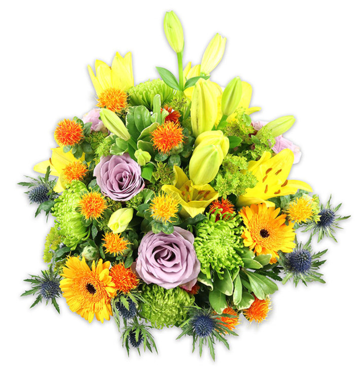 Set against a pristine white background, this densely arranged bouquet presents a layered study in colour, form and scent that feels both celebratory and quietly elegant - a piece one might place in a bright Millbank sitting room or bring as a thoughtful house-warming gift to a friend by the river. Several yellow Asiatic lilies dominate the silhouette: some flowers are fully unfurled to reveal speckled throats and slender stamens, while others hold as long, chartreuse-yellow buds that lift the eye. Two or three pale lavender roses sit centrally, their soft, spiralling petals offering a cool, romantic anchor amid the sun-warm tones. Large orange Gerberas scatter warmth across the design, their broad, flat petals and darker centres read like sunbursts. Abundant lime-green button chrysanthemums fill in crevices with a ruffled, almost cushion-like texture, adding substantial volume and a fresh green glow. Interspersed are little spherical, spiky orange and yellow blooms that lend a lively, almost confetti-like rhythm, contrasted by several deep indigo-blue Eryngium thistles whose star-shaped bracts bring a dramatic, architectural note. A variety of foliage-long lily leaves, glossy oval fillers and sprigs of delicate greenery-frames and unifies the piece. Soft daylight in the photograph highlights the contrast between warm petals and cool thistles, and the bouquet's scent profile suggests sweet roses and the faint, heady perfume of lilies. This arrangement reads as versatile: a joyful centrepiece, a comforting sympathy tribute, or a bright thank-you gift for someone living near Tate Britain or Victoria Tower Gardens in Millbank.