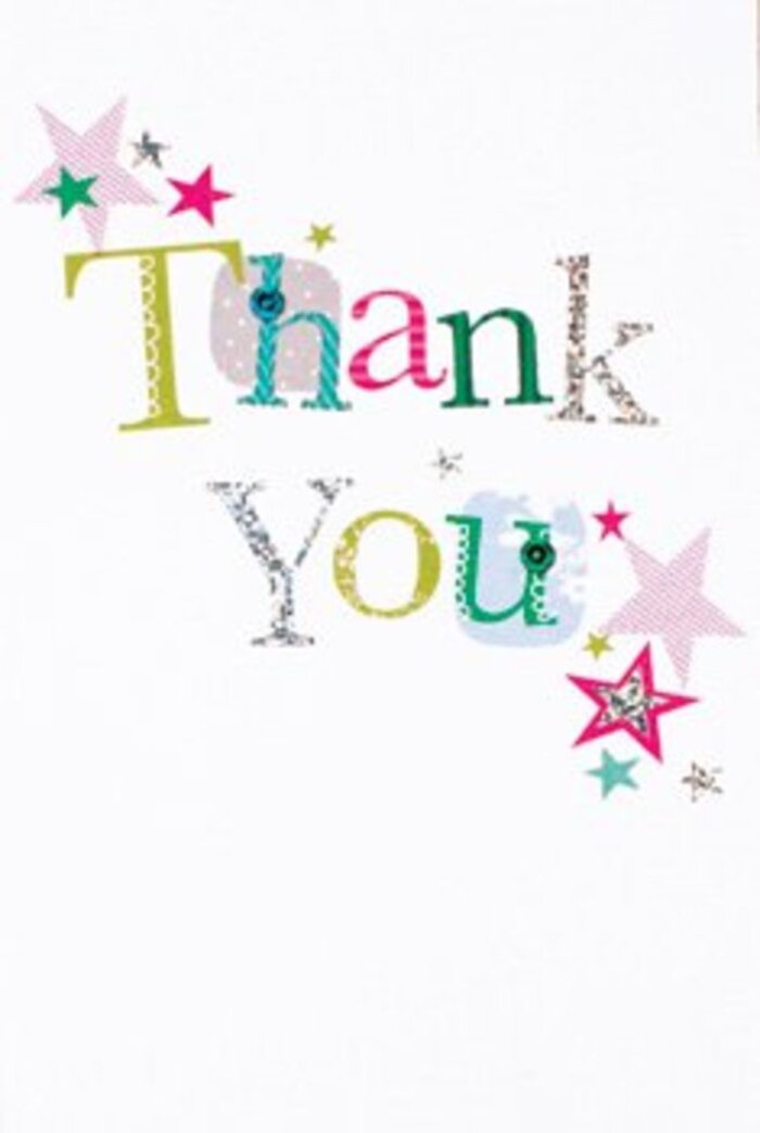 There's a graceful exuberance to this thank you card, one that would feel equally at home in one of Millbank's elegant apartments or creative workspaces. The letters of 'Thank You' are crafted in a lively procession, where each carries its own character, shimmering with subtle silver touches or adorned with playful polka dots and curving stitched lines. Around the sentiment float clusters of radiant stars-some striped pink, others glinting in deep turquoise or warm silver-adding a celebratory air that recalls the lively spirit of Millbank's Thames walkways and cultural landmarks. The design never feels crowded or ornate; instead, the pristine white background creates a sense of space and ease, much like the tranquil gardens along John Islip Street. With a touch that is as sophisticated as it is inviting, this card is ready to accompany any thoughtful bouquet-its artistry and heartfelt mood echoing the refined, modern energy of Millbank itself.