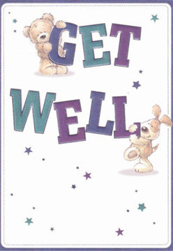 In the heart of Millbank, this get well card delivers instant comfort with playful artistry rooted in local sincerity. An endearing teddy bear gently clings to the upper curve of bright, bold 'GET', while a lively pup leans affectionately against the 'WELL' below, both rendered in soft hues echoing the creative vibrancy found near Tate Britain. Their rounded bodies, expressive faces, and tactile textures suggest warmth and hope, as if awaiting a caring touch from a friend dropping by on Millbank Road. The deep purples and teals of the block letters leap boldly against a clean white ground, offering visual energy and unexpected cheer much like a spring bouquet from a trusted Millbank florist. Glimmering stars, scattered in varying shades of blue and violet, infuse the card with magic-a gentle nudge that brighter days are surely ahead. The illustration's careful details recall the nurturing care woven into every arrangement leaving Flower Delivery Millbank, where each stem and note aims to bring light and encouragement in moments of need. This heartfelt card is more than a message; it's a token of the genuine community found up and down the Millbank riverside, promising hope and recovery with a smile.